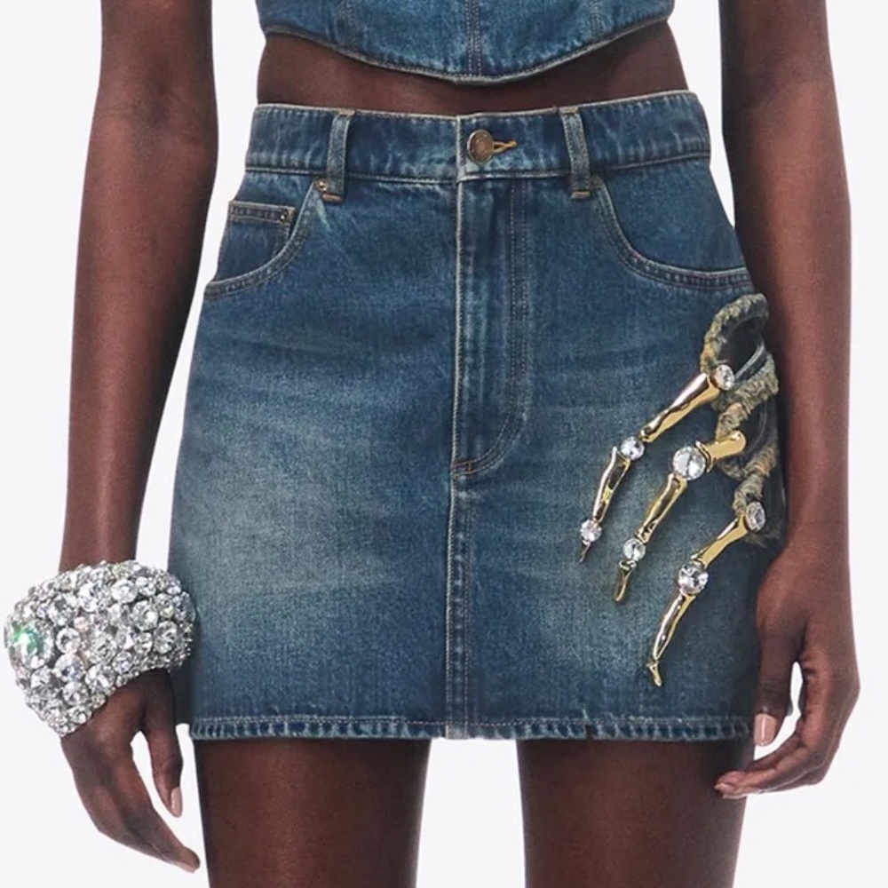 AREA Blue Denim Mini Skirt with Crystal Embellishment